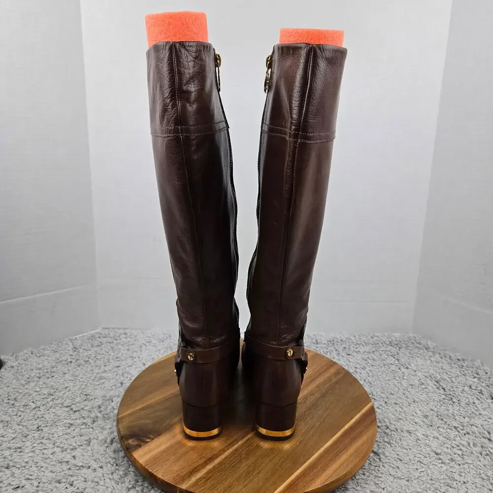 Tory Burch Womens 6.5M Brown Side Logo Gold Hardware Equestrian Riding Boot Heel
